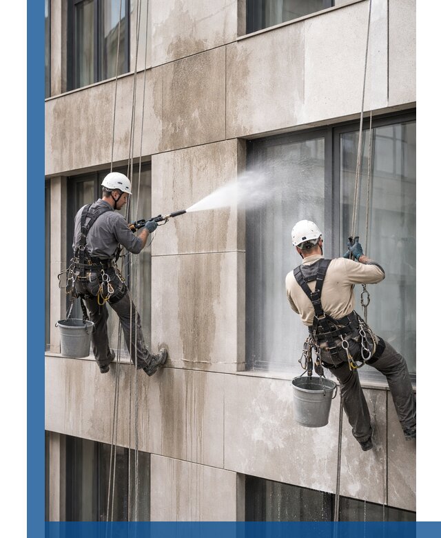 Послестроительная мойка фасада промышленным альпинизмом в Чусовой