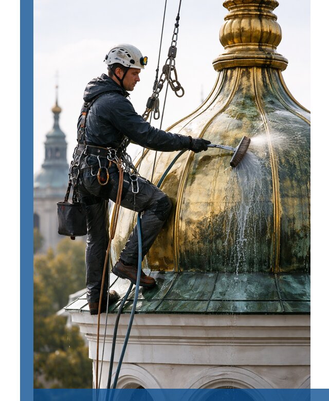 Профессиональная мойка куполов и шпилей высотными альпинистами в Чусовой