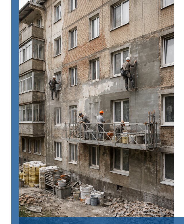 Капитальный ремонт фасада в Чусовой с восстановлением и гидроизоляцией