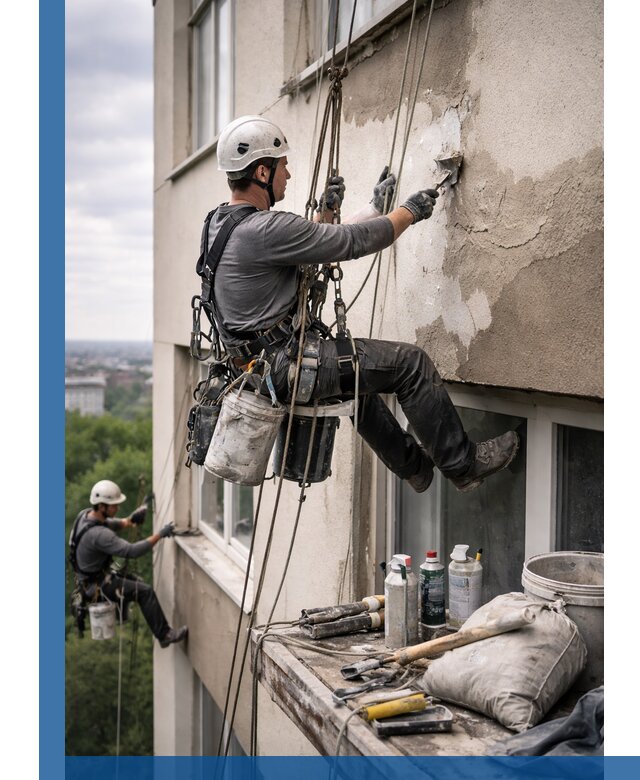 Косметический ремонт фасада зданий в Чусовой промышленными альпинистами