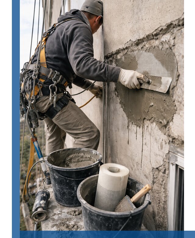 Ремонт бетонных элементов фасада промышленными альпинистами в Чусовой