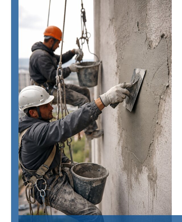 Штукатурка фасада на высоте в Чусовой профессиональные работы