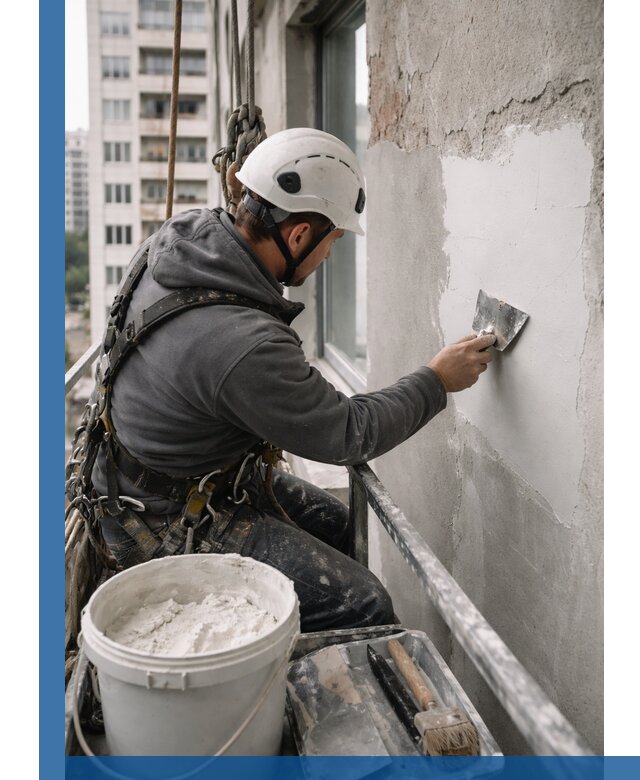 Шпаклевка фасадов на высоте с промальпинистами в Чусовой