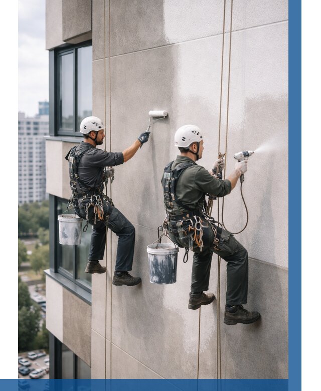 Покраска фасада альпинистами в Чусовой от 313 р. | ВЫСОТНИК-Чсв