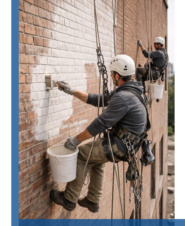 Покраска кирпичного фасада с доступным альпинистским сервисом в Чусовой