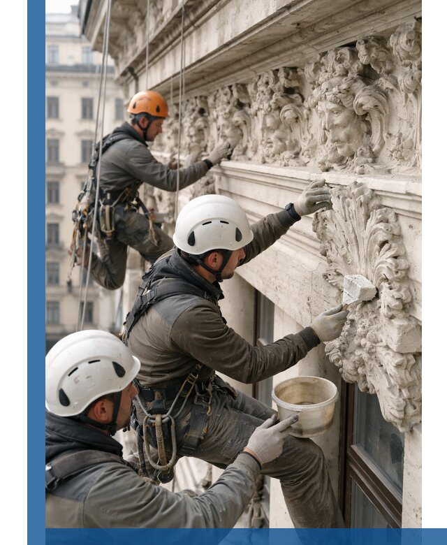 Реставрация фасадной лепнины с высотными работами в Чусовой