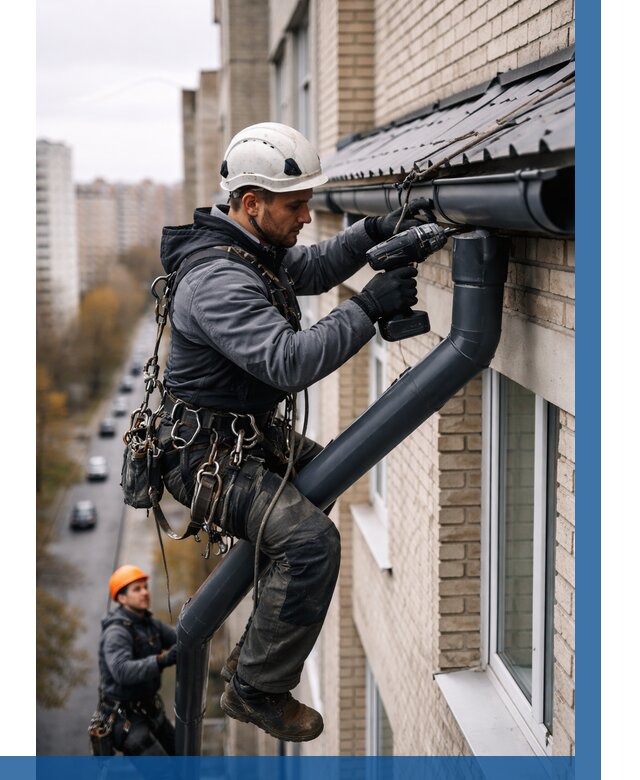 Монтаж водосточной системы на здании в Чусовой от 5224 р. | ВЫСОТНИК-Чсв