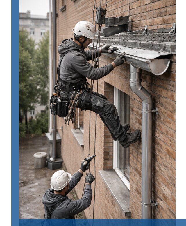 Монтаж водосточной системы на здании в Чусовой под ключ