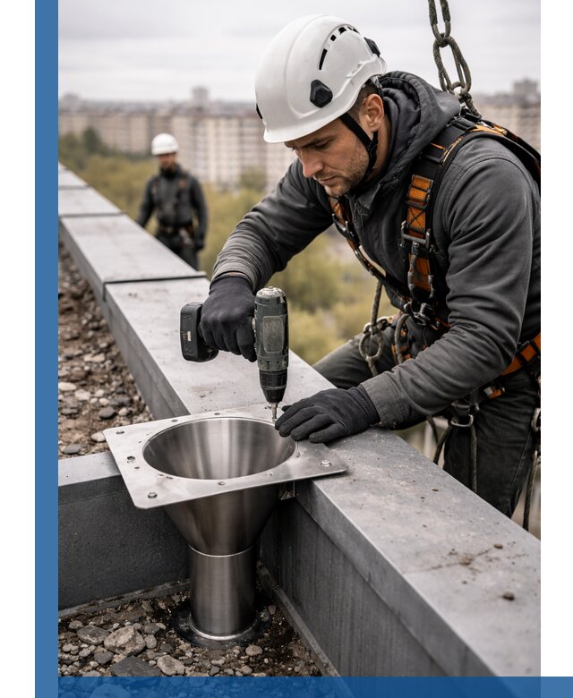 Монтаж водосточных воронок в Чусовой для промышленных зданий