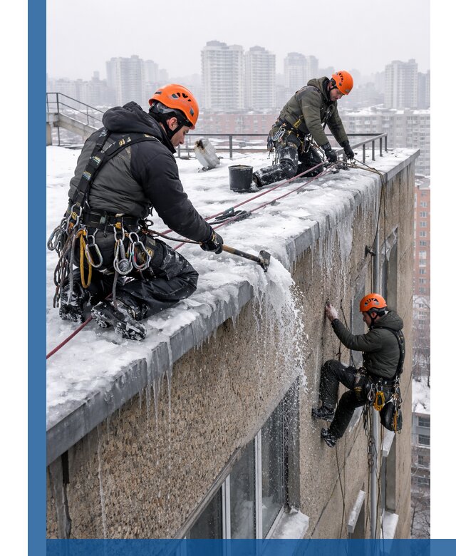 Удаление наледи с кровли в Чусовой промышленными альпинистами