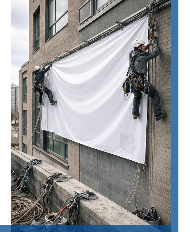 Монтаж баннеров на фасаде в Чусовой от 679 р. заказать ВЫСОТНИК-Чсв