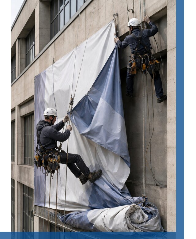 Демонтаж баннеров с фасада в Чусовой от 4702 р. | ВЫСОТНИК-Чсв