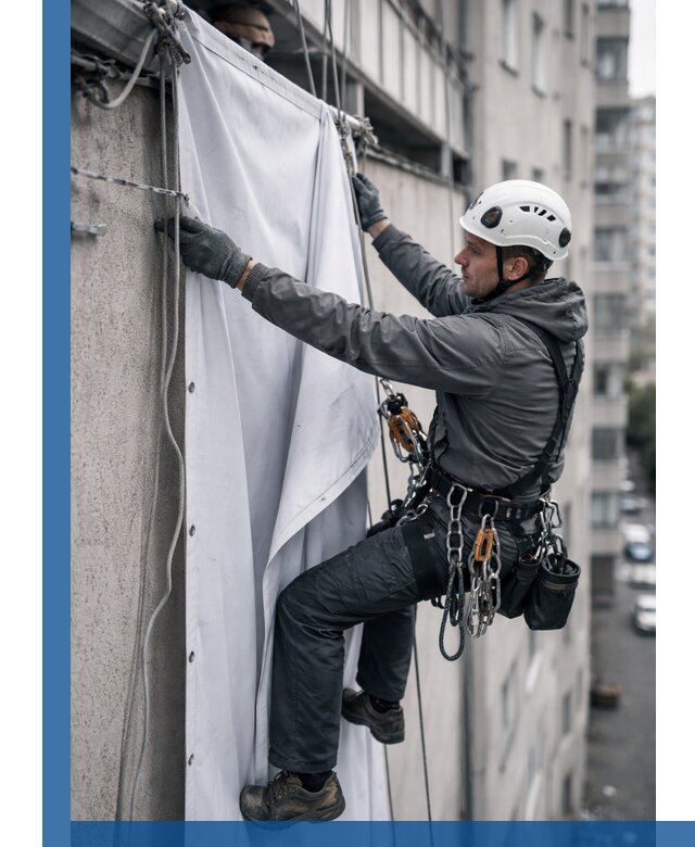 Замена баннерного полотна промышленными альпинистами в Чусовой