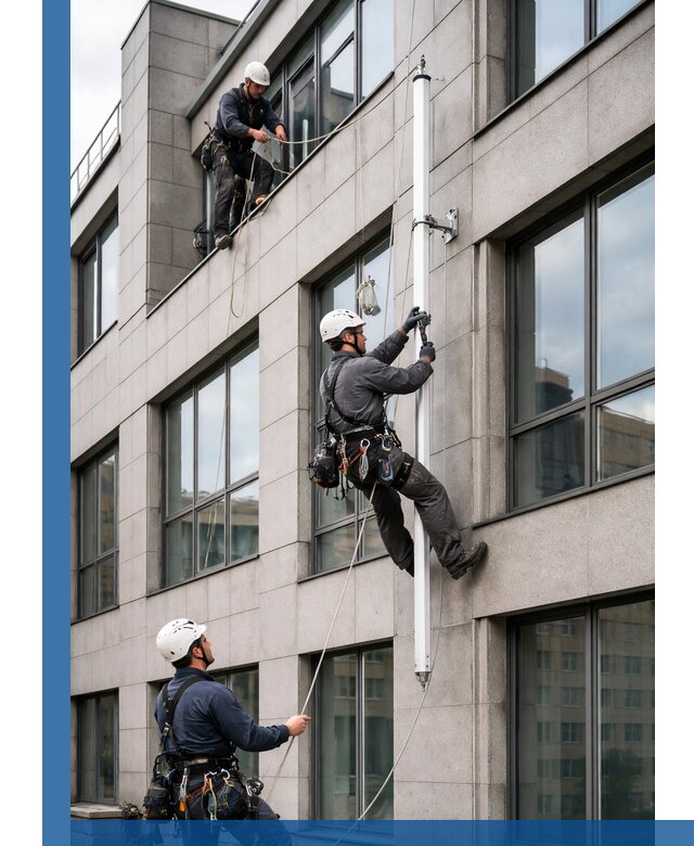 Монтаж флагштока на фасаде здания с креплением и герметикой в Чусовой