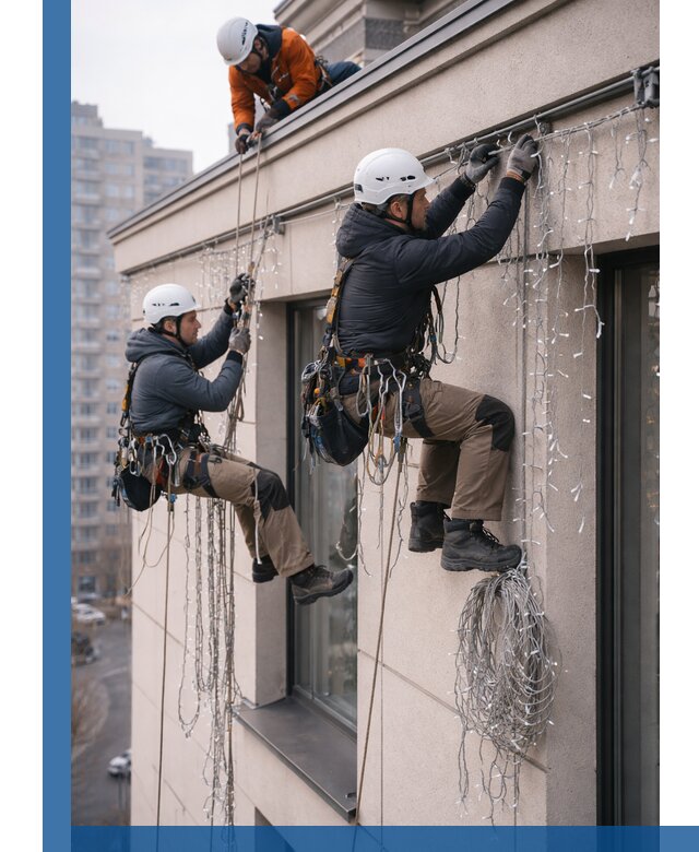 Монтаж праздничных гирлянд на фасаде в Чусовой для зданий