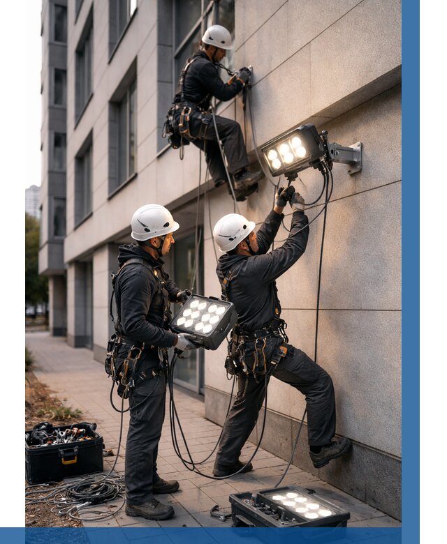 Монтаж прожекторов на фасаде в Чусовой от 7836 р. | ВЫСОТНИК-Чсв