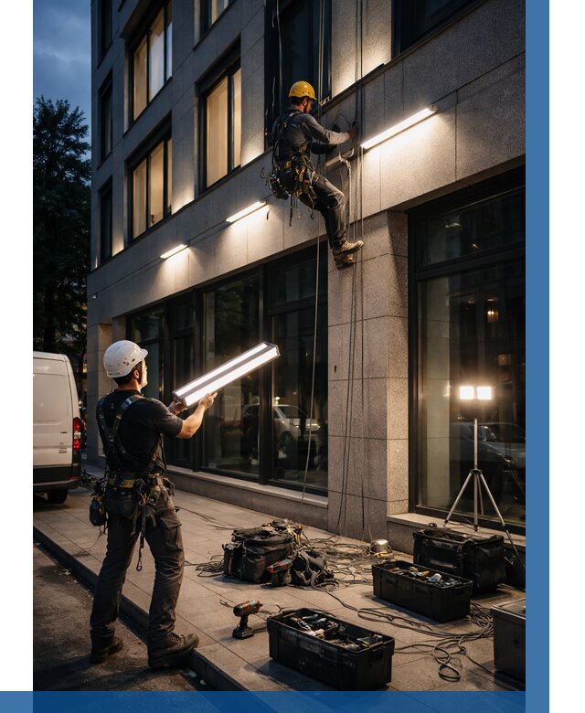 Монтаж архитектурной подсветки здания в Чусовой от 2612 р.|ВЫСОТНИК-Чсв