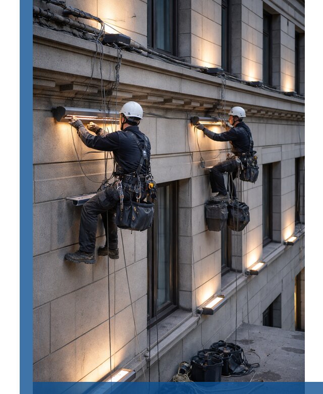 Монтаж архитектурной подсветки фасадов зданий в Чусовой