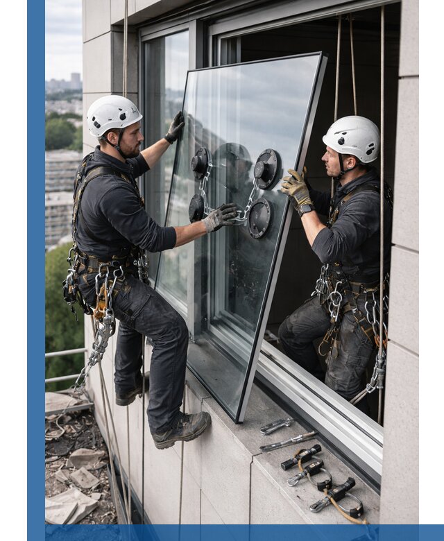 Замена стеклопакетов на высоте с промышленными альпинистами в Чусовой