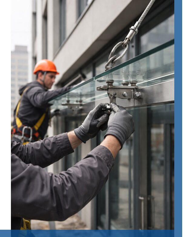 Монтаж стеклянных козырьков в Чусовой от 8881 р. | ВЫСОТНИК-Чсв