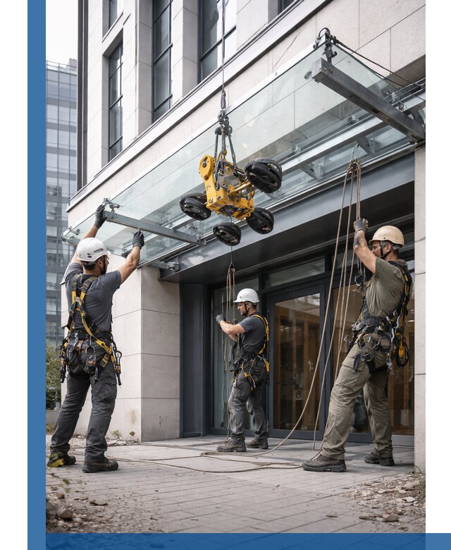 Монтаж стеклянных козырьков под ключ в Чусовой для зданий