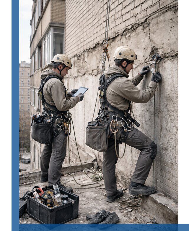 Обследование фасада промышленными альпинистами в Чусовой